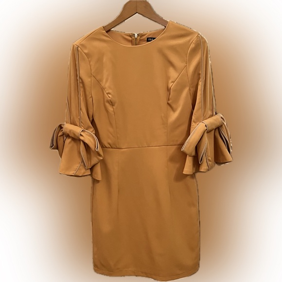 Mustard Yellow/Gold Mini Dress with Statement Bow Sleeves - Picture 1 of 8